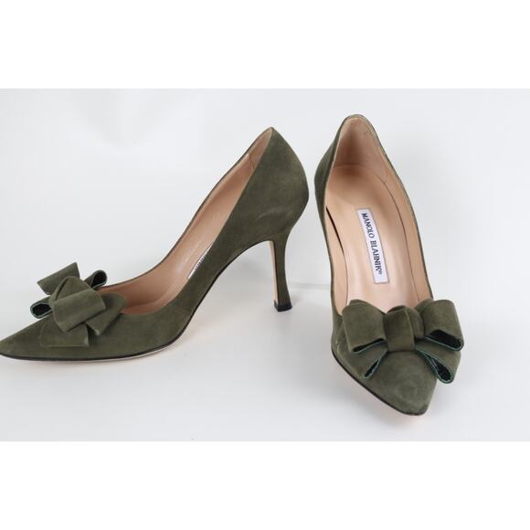 Manolo Blahnik Green Suede Bow Pumps Handmade Italy Designer Heels Size 37 - Picture 7 of 13
